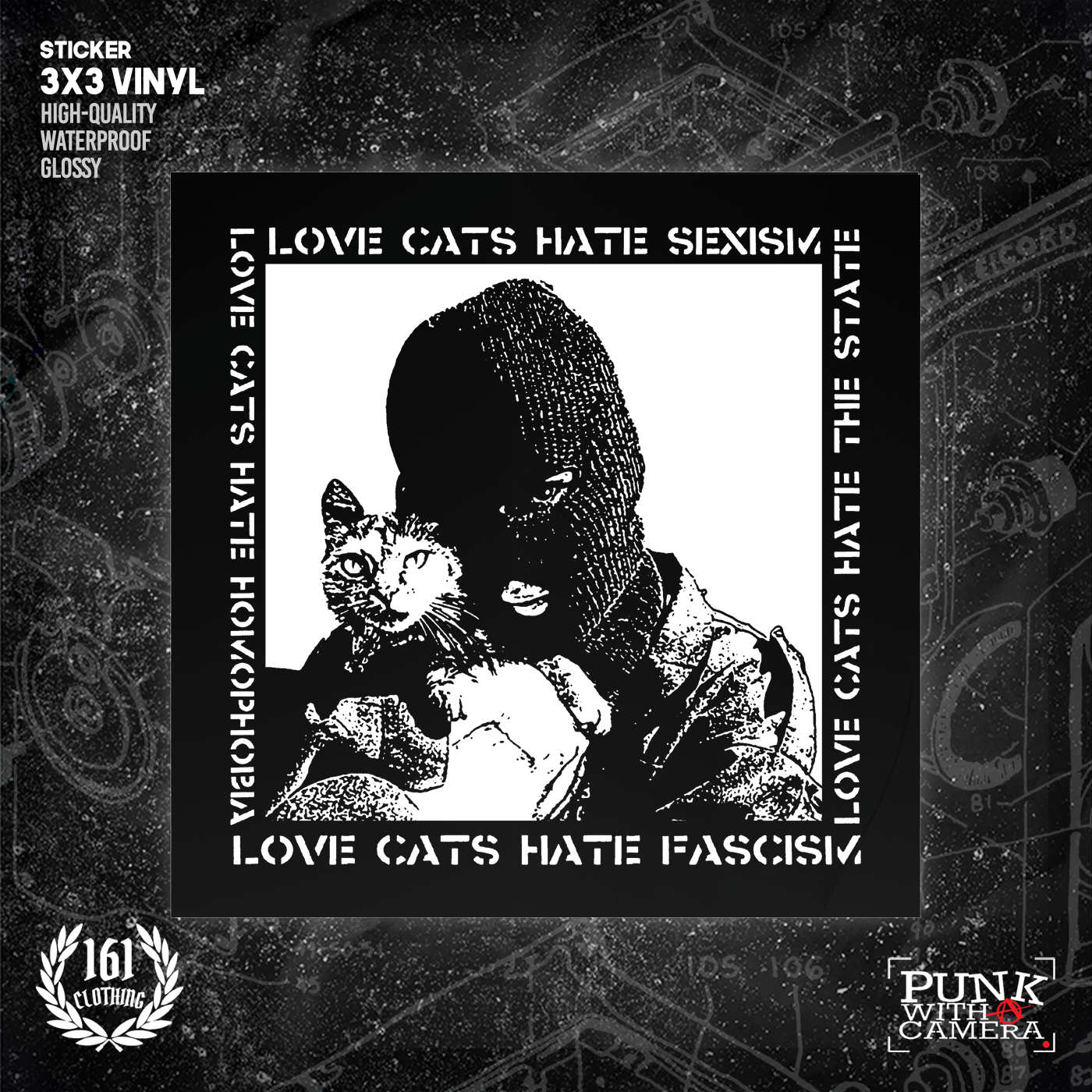 Love Cats Hate Fascism - 161.Clothing - Sticker (3X3)